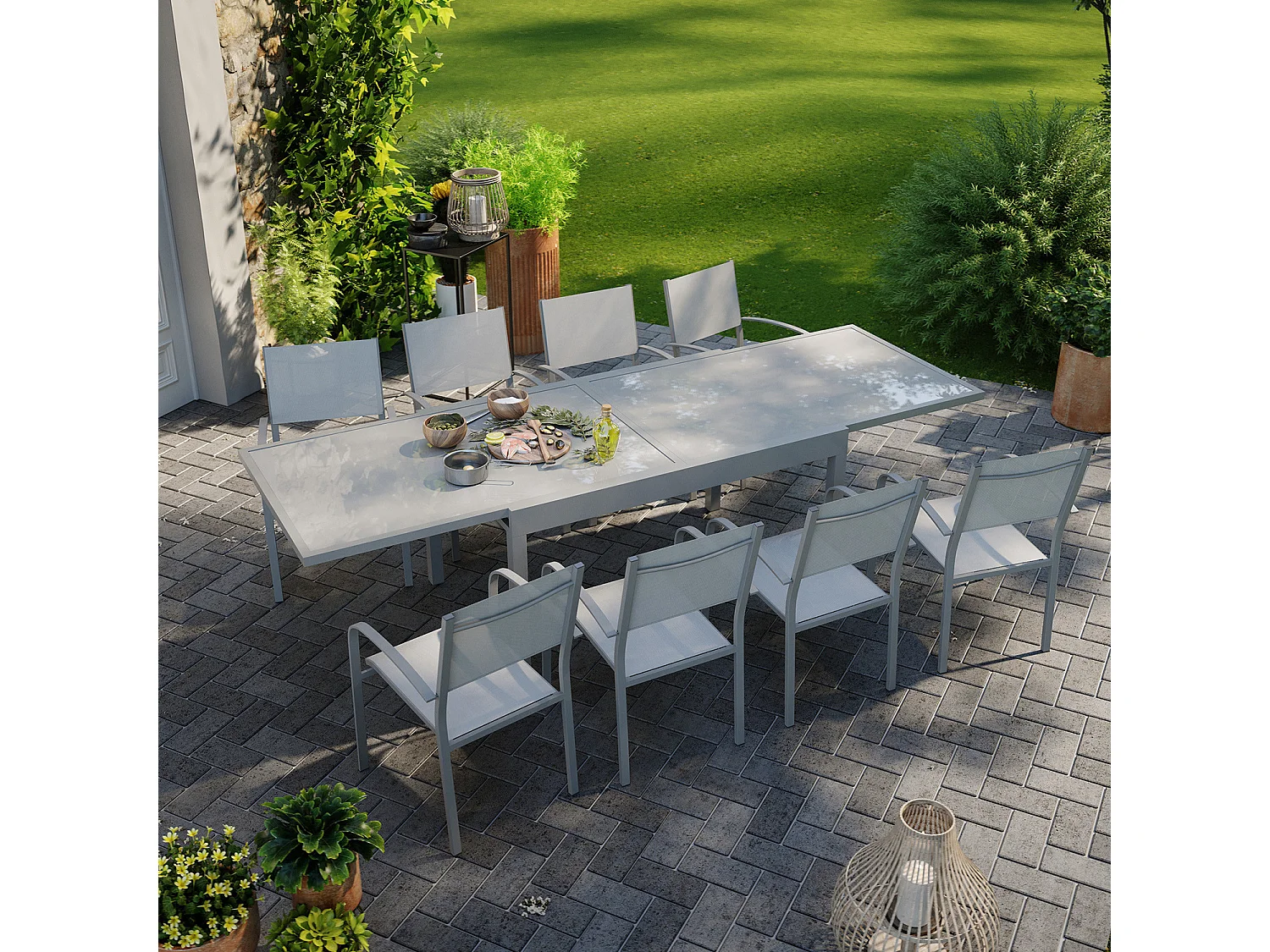 Table de jardin extensible aluminium 270cm + 8 fauteuils empilables textilène gris - LIO 8