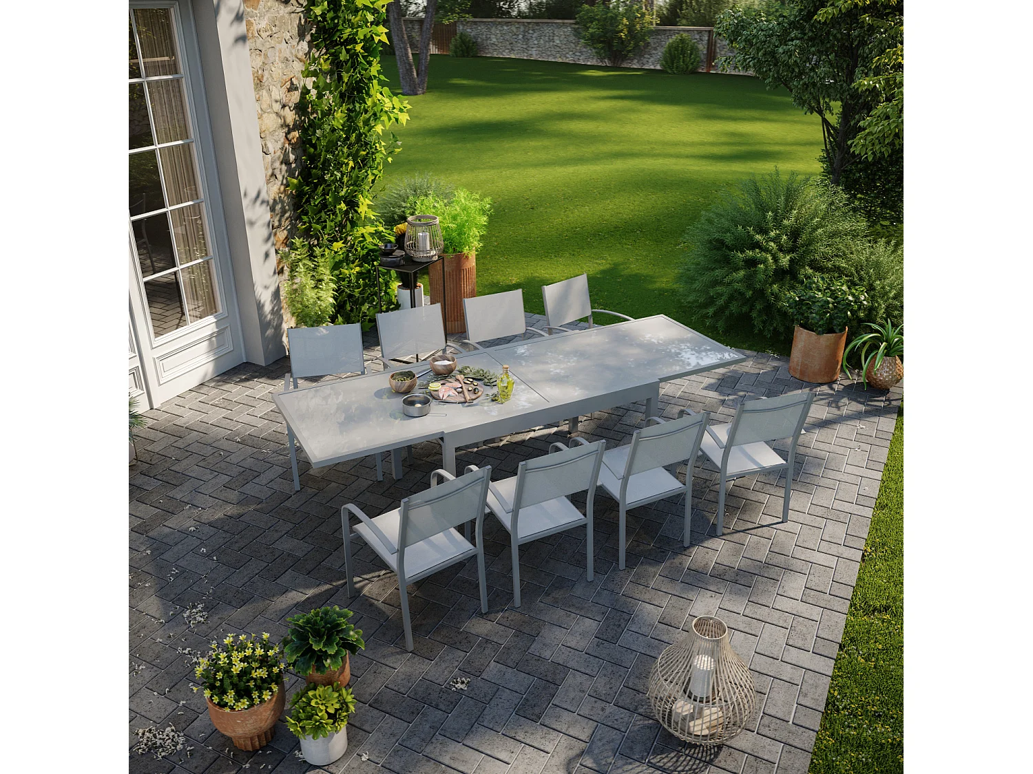 Table de jardin extensible aluminium 270cm + 8 fauteuils empilables textilène gris - LIO 8