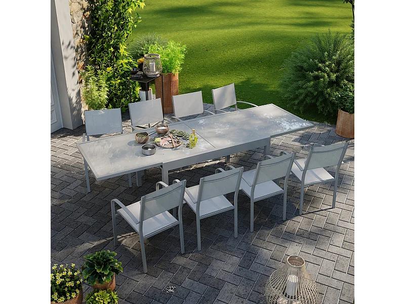Table de jardin extensible aluminium 270cm + 8 fauteuils empilables textilène gris - LIO 8