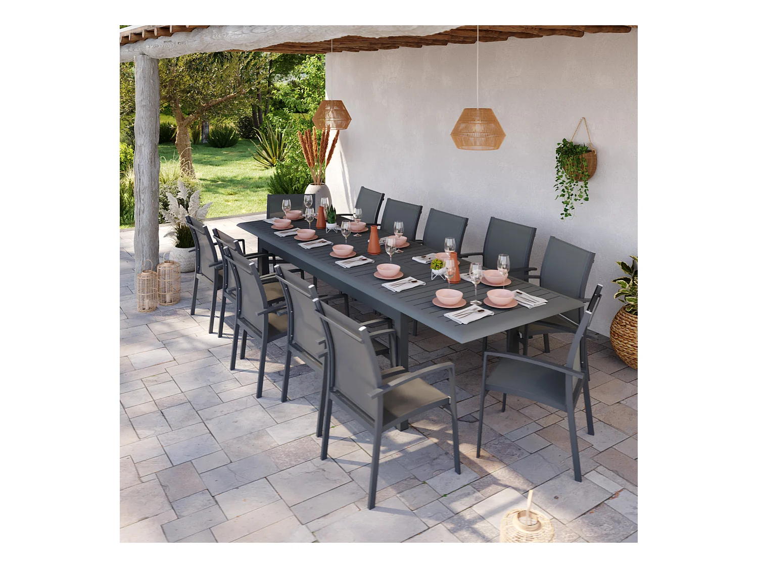 Table de jardin extensible aluminium 220/320cm + 12 fauteuils empilables textilène Gris Anthracite - ANDRA XL 12
