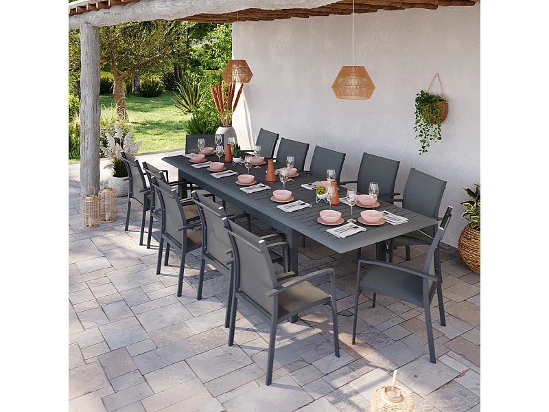 Table de jardin extensible aluminium 220/320cm + 12 fauteuils empilables textilène Gris Anthracite - ANDRA XL 12