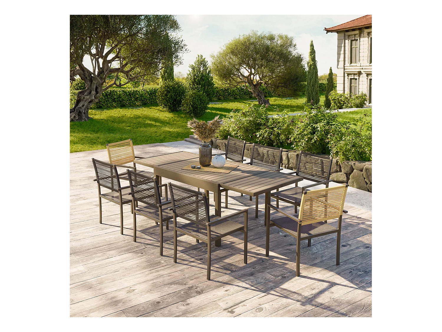 Ensemble Table de jardin extensible aluminium 135/270cm + 8 Fauteuils empilables corde Anthracite et Beige - YERAZ 8