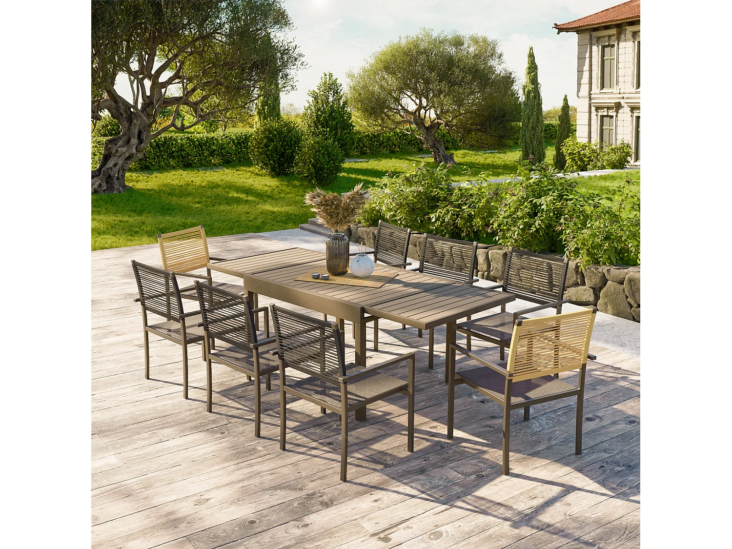 Ensemble Table de jardin extensible aluminium 135/270cm + 8 Fauteuils empilables corde Anthracite et Beige - YERAZ 8