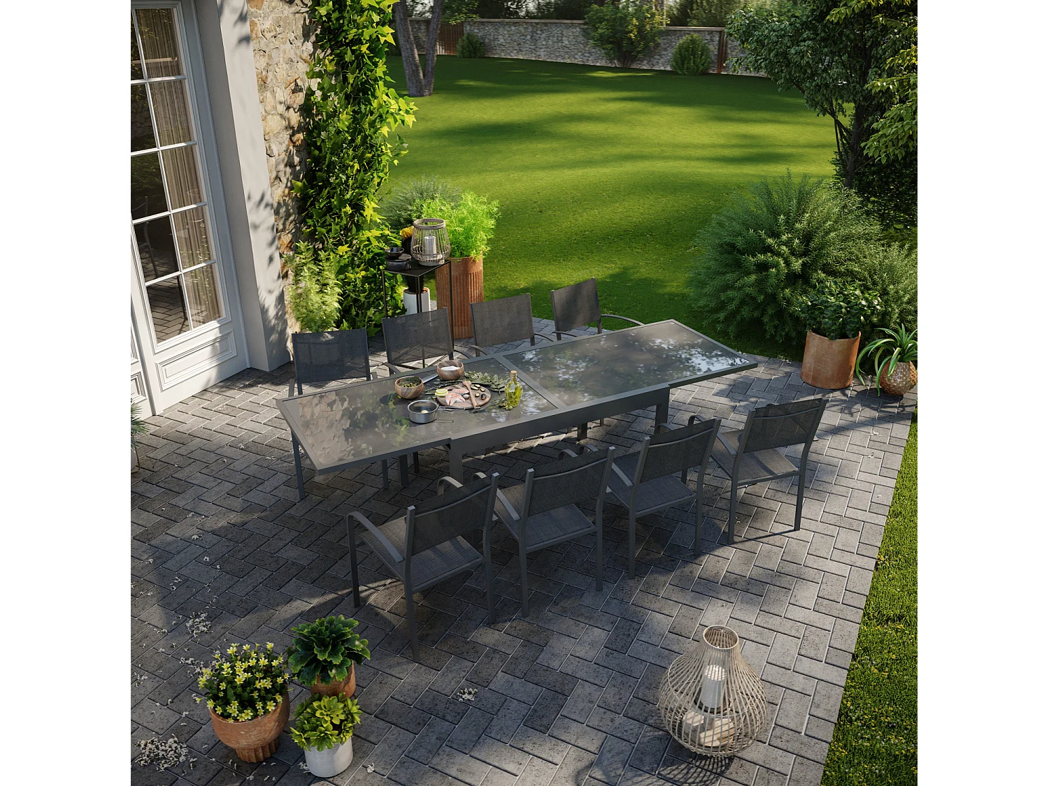Table de jardin extensible aluminium 270cm + 8 fauteuils empilables textilène anthracite - LIO 8