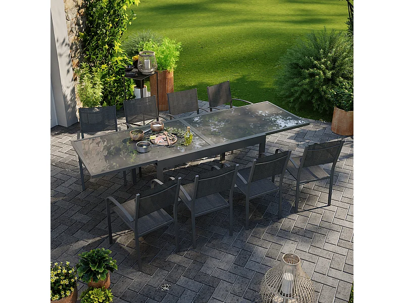 Table de jardin extensible aluminium 270cm + 8 fauteuils empilables textilène anthracite - LIO 8