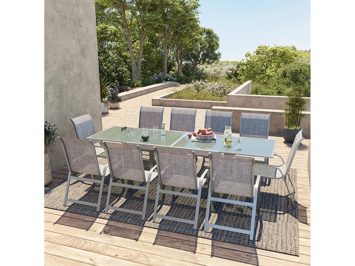 Table de jardin extensible aluminium 140/280cm + 10 fauteuils empilables textilène Gris - FARO 10