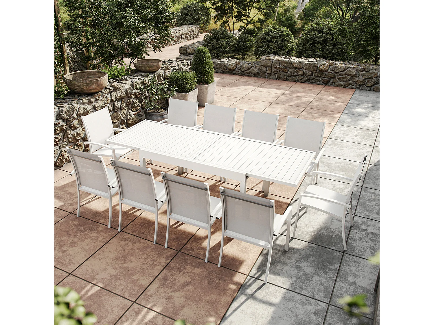 Table de jardin extensible aluminium 270cm + 10 fauteuils empilables textilène - blanc - ANDRA