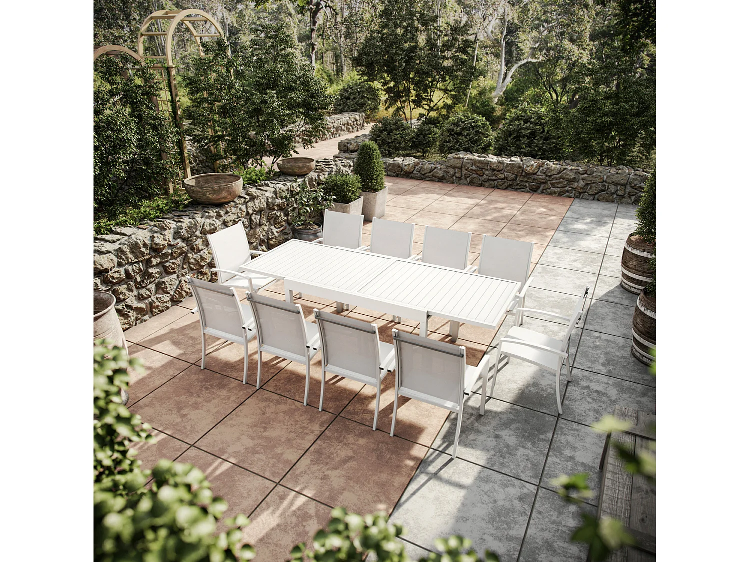 Table de jardin extensible aluminium 270cm + 10 fauteuils empilables textilène - blanc - ANDRA
