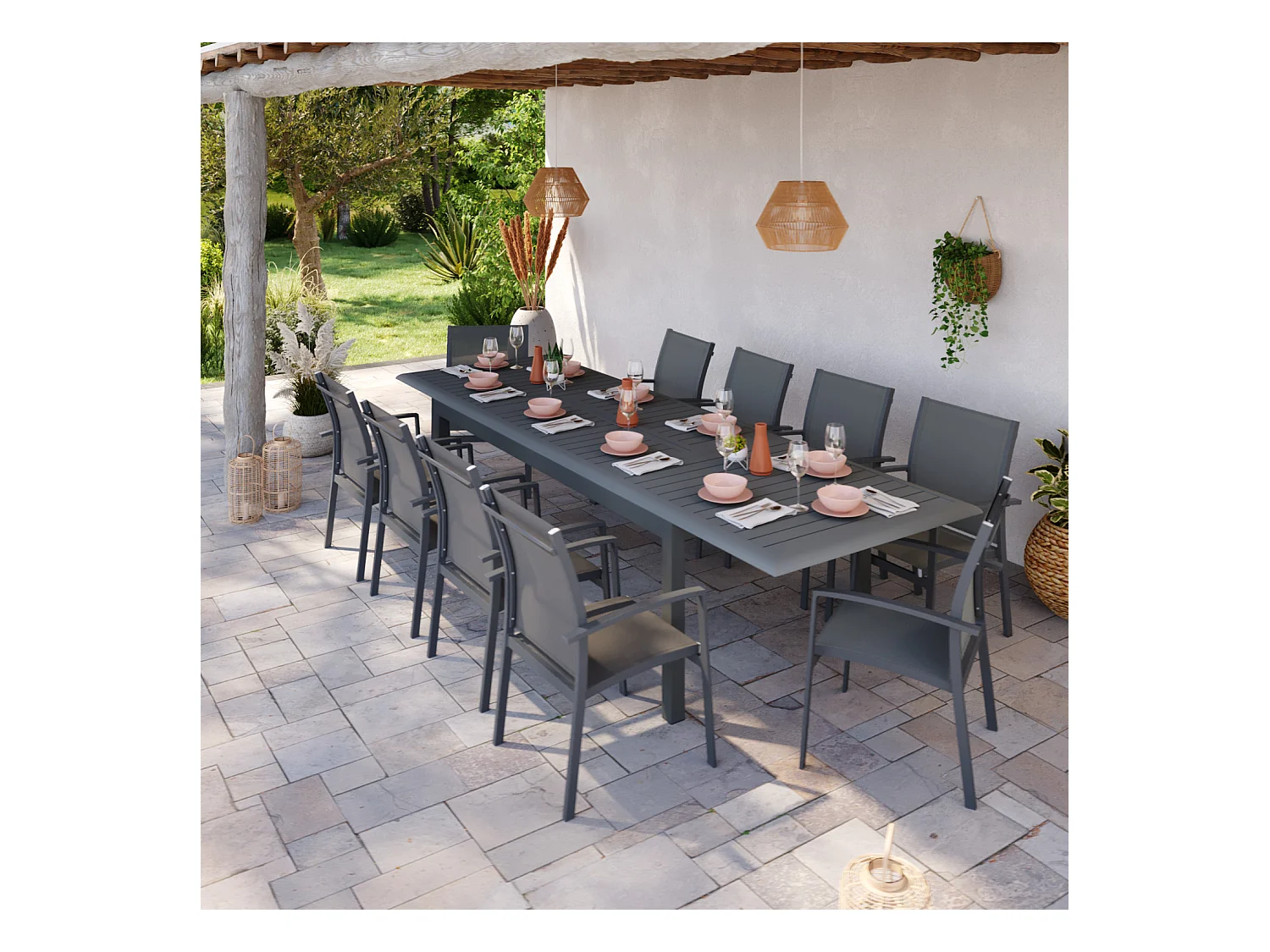 Table de jardin extensible aluminium 220/320cm + 10 Fauteuils empilables textilène Gris Anthracite - ANDRA XL 10
