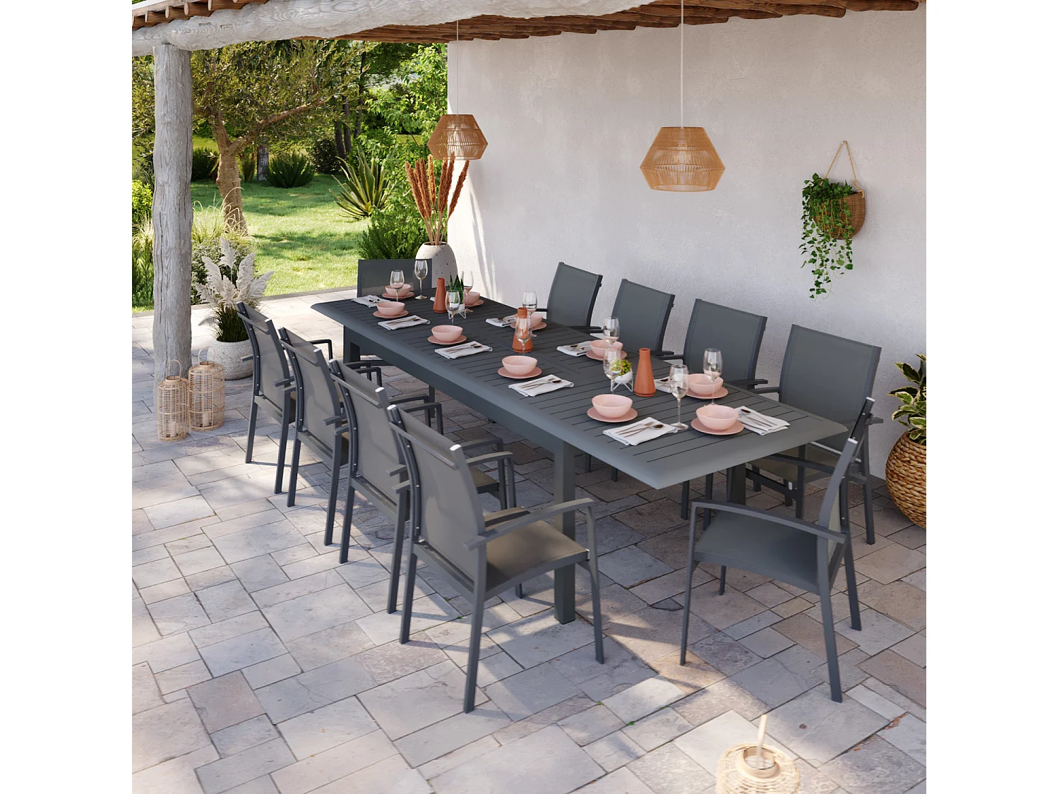 Table de jardin extensible aluminium 220/320cm + 10 Fauteuils empilables textilène Gris Anthracite - ANDRA XL 10