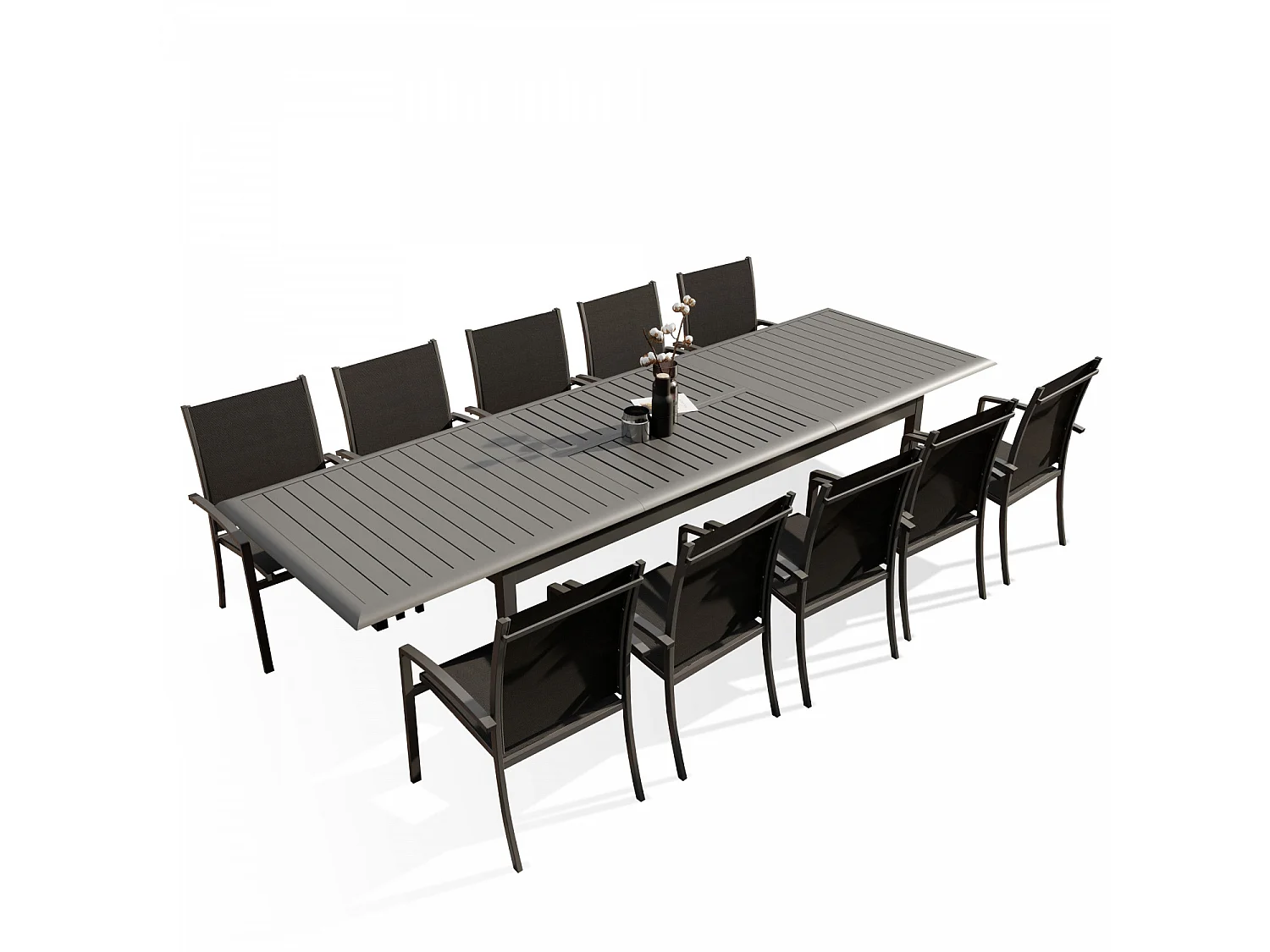 Table de jardin extensible aluminium 220/320cm + 10 Fauteuils empilables textilène Gris Anthracite - ANDRA XL 10