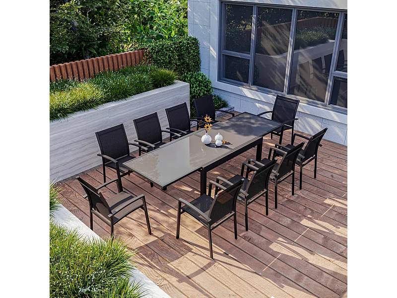 Table de jardin extensible aluminium 135/270cm + 10 Fauteuils empilables textilène Gris Anthracite - ANDRA 10