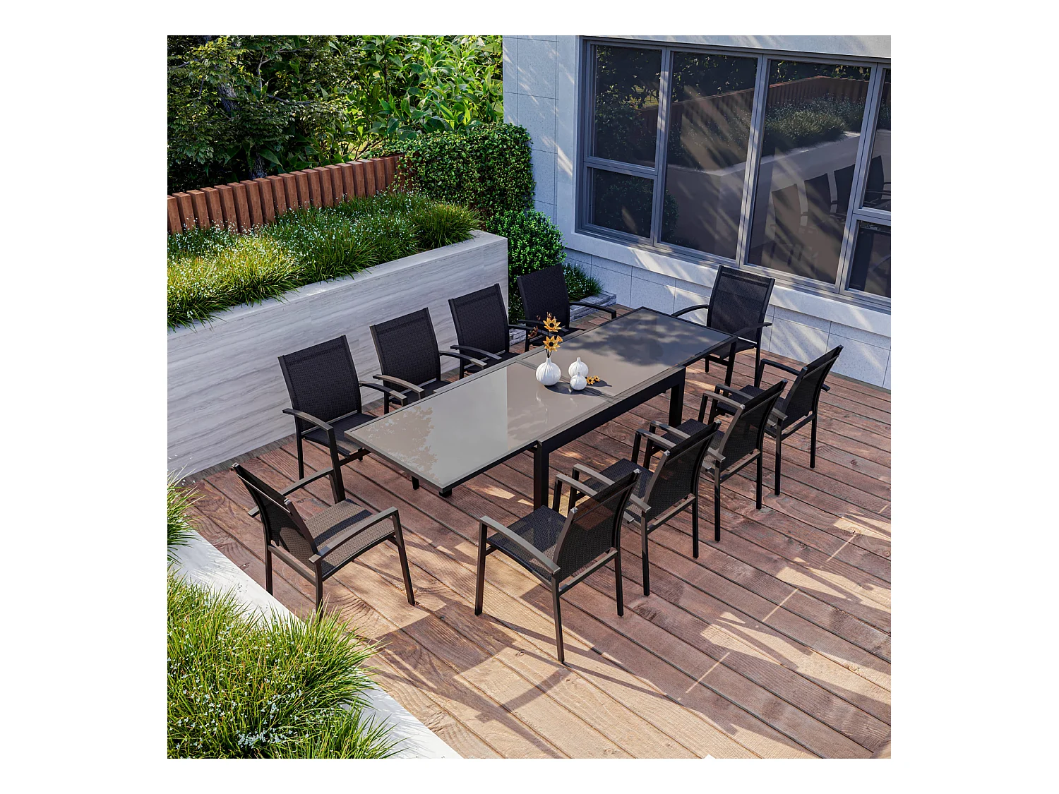 Table de jardin extensible aluminium 135/270cm + 10 Fauteuils empilables textilène Gris Anthracite - ANDRA 10