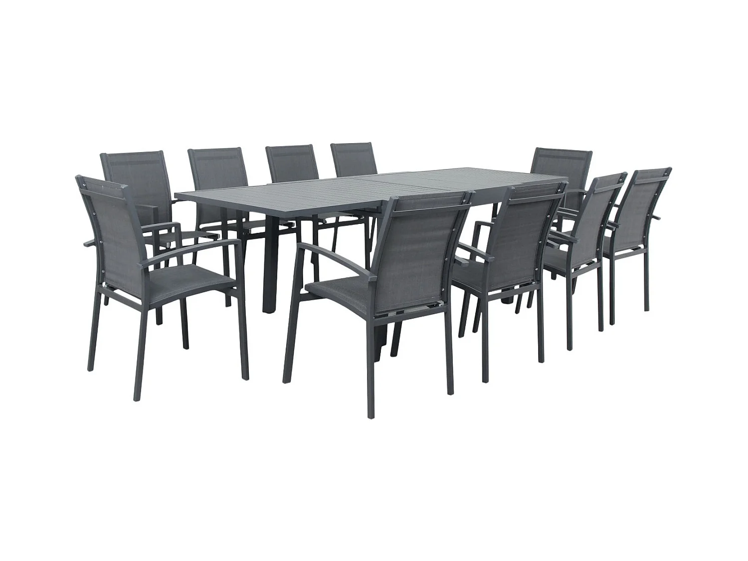 Table de jardin extensible aluminium 135/270cm + 10 Fauteuils empilables textilène Gris Anthracite - ANDRA 10