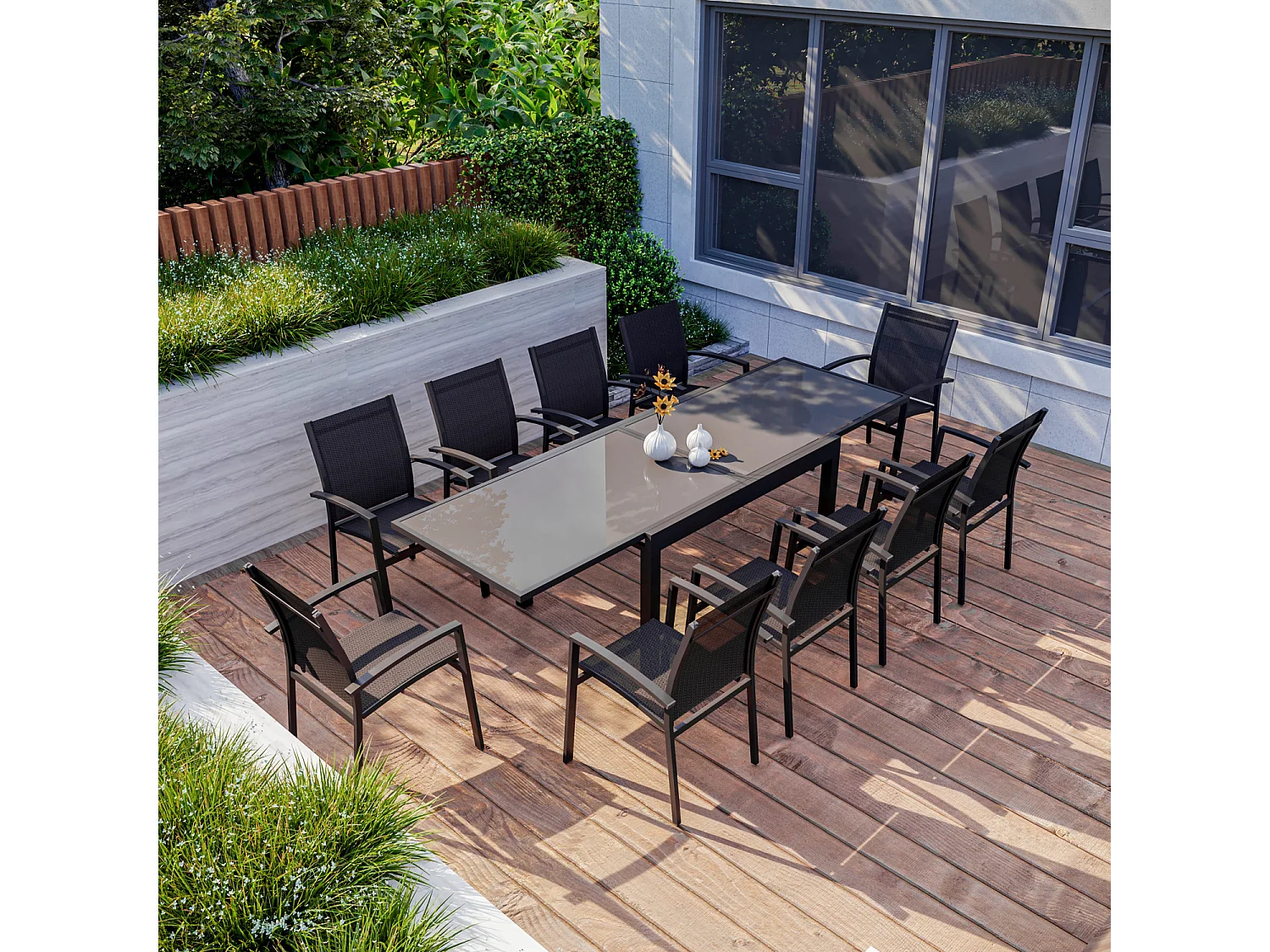 Table de jardin extensible aluminium 135/270cm + 10 Fauteuils empilables textilène Gris Anthracite - ANDRA 10