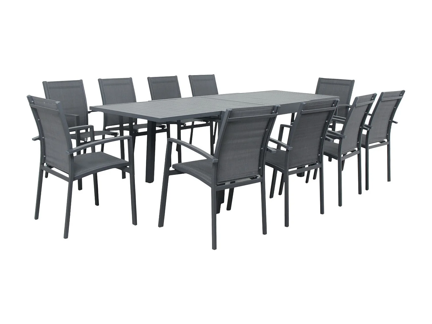 Table de jardin extensible aluminium 135/270cm + 10 Fauteuils empilables textilène Gris Anthracite - ANDRA 10