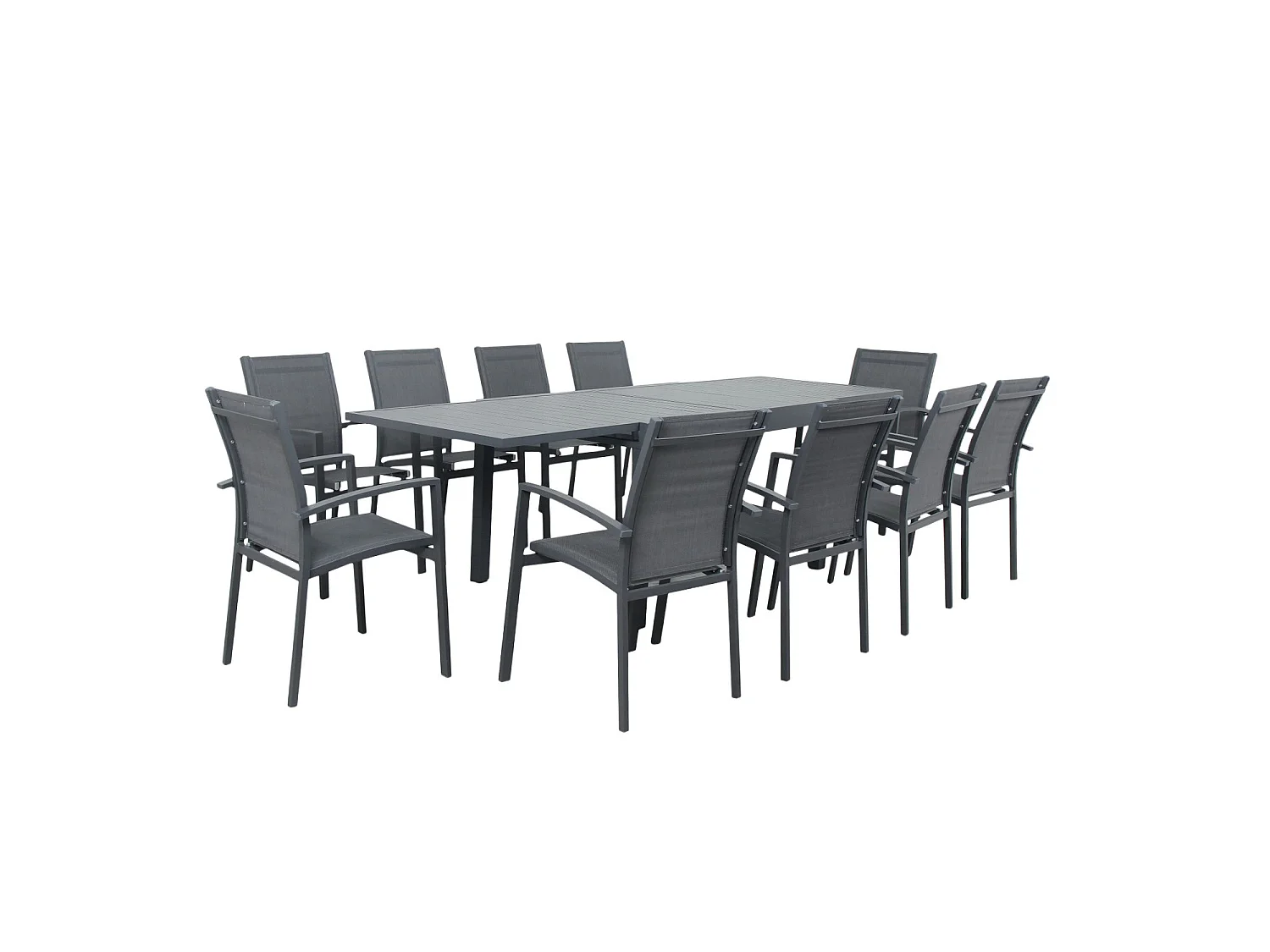 Table de jardin extensible aluminium 135/270cm + 10 Fauteuils empilables textilène Gris Anthracite - ANDRA 10