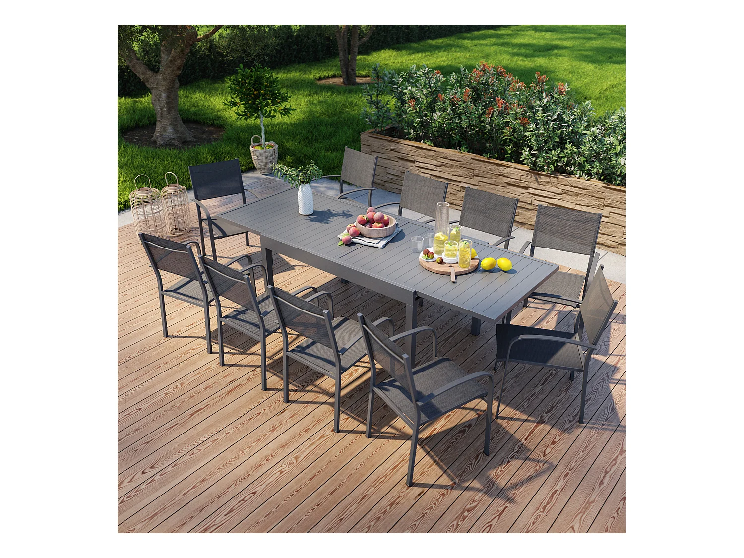 Table de jardin extensible en aluminium 270cm + 10 fauteuils empilables textilène anthracite - MILO 10