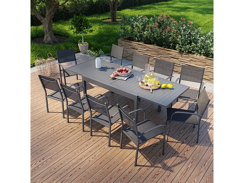 Table de jardin extensible en aluminium 270cm + 10 fauteuils empilables textilène anthracite - MILO 10