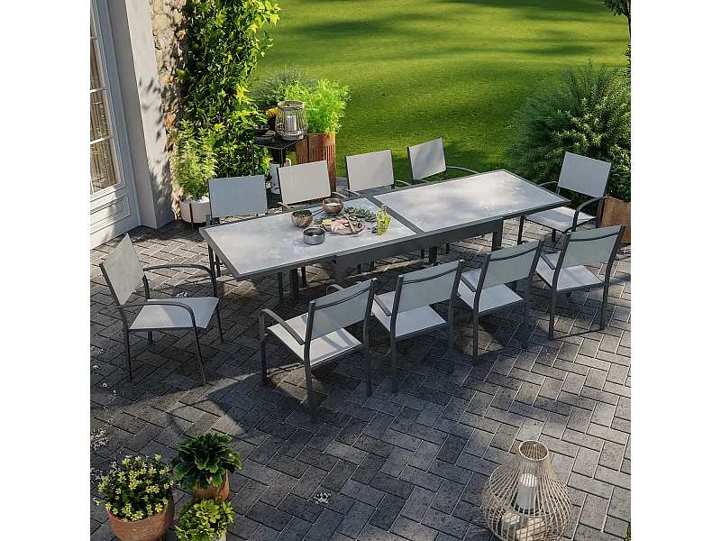 Table de jardin extensible aluminium 270cm + 10 fauteuils empilables textilène anthracite gris - LIO 10