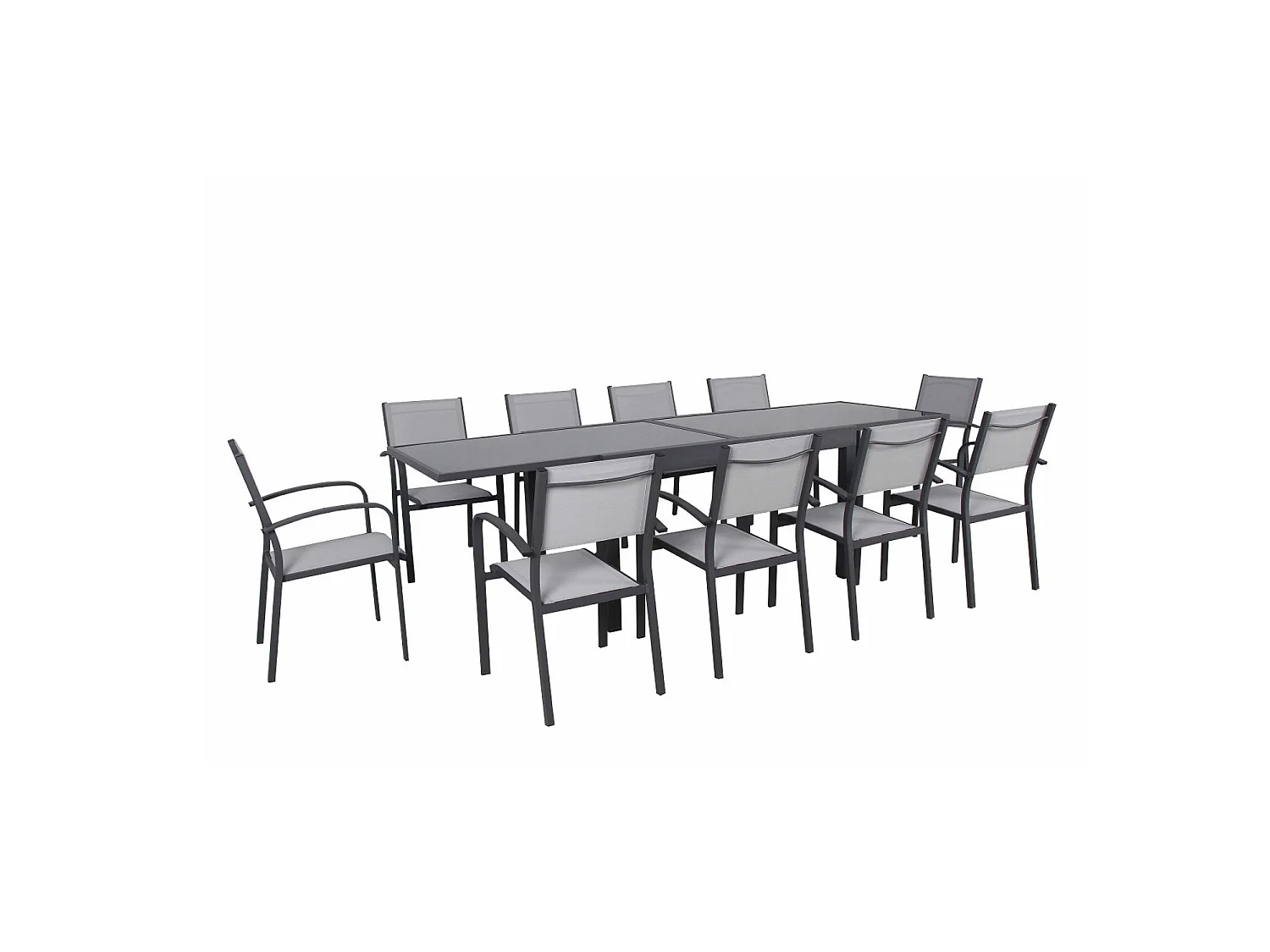 Table de jardin extensible aluminium 270cm + 10 fauteuils empilables textilène anthracite gris - LIO 10