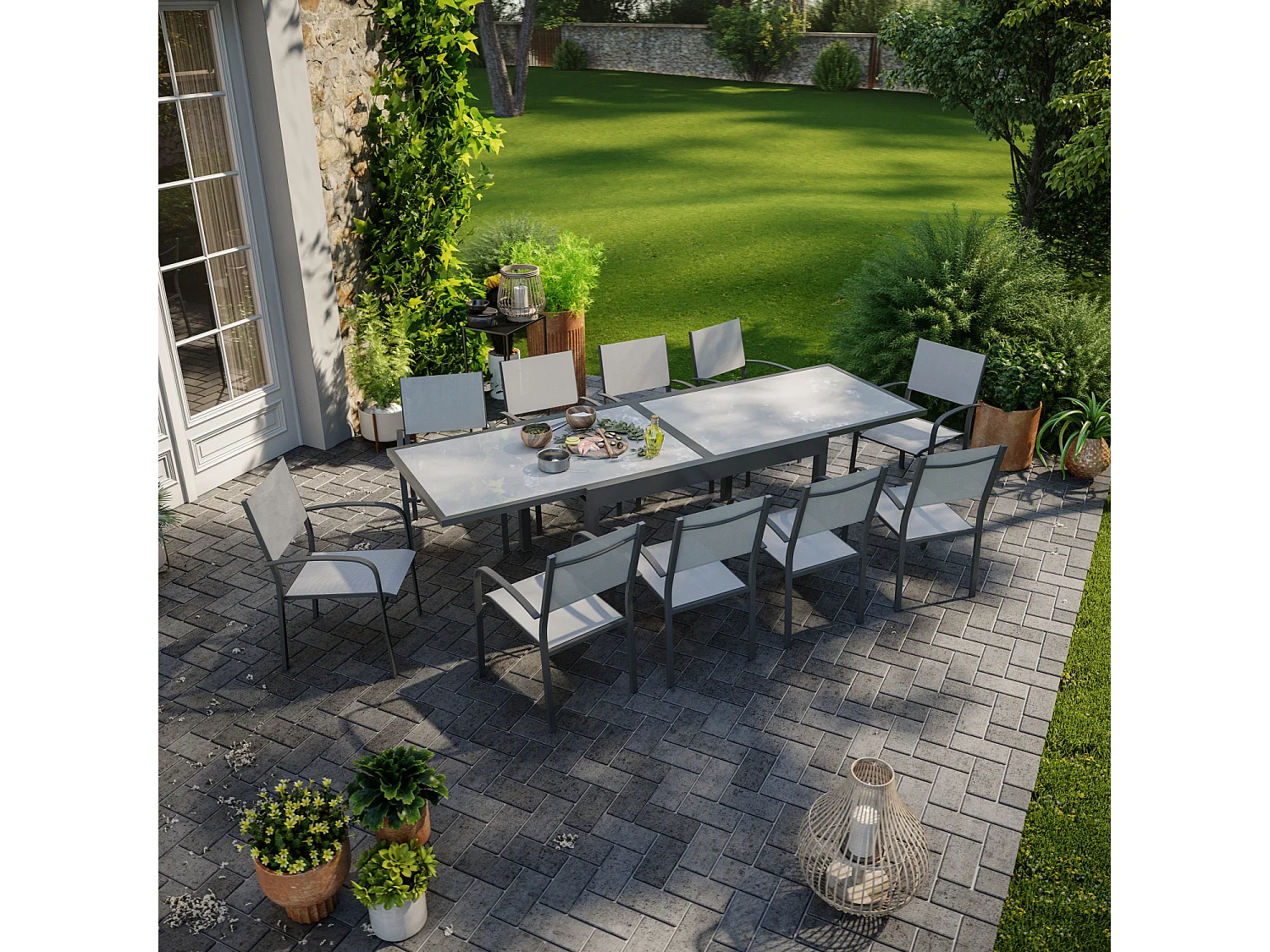 Table de jardin extensible aluminium 270cm + 10 fauteuils empilables textilène anthracite gris - LIO 10
