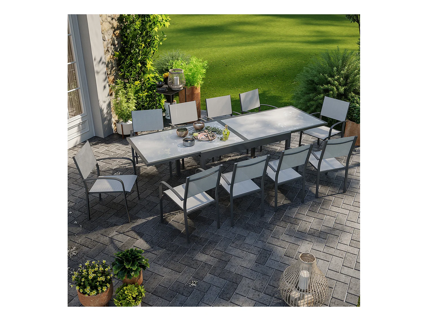 Table de jardin extensible aluminium 270cm + 10 fauteuils empilables textilène anthracite gris - LIO 10