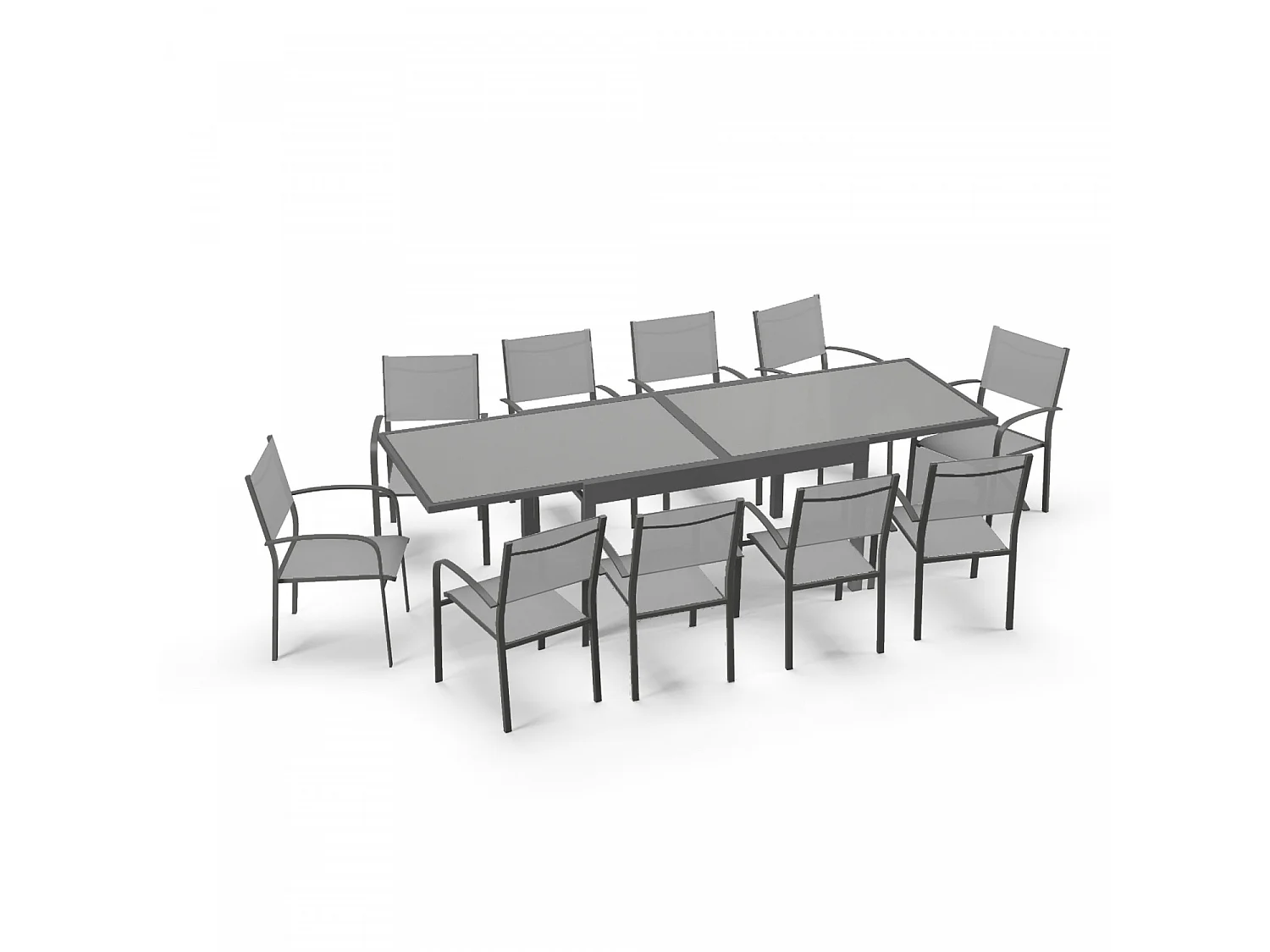 Table de jardin extensible aluminium 270cm + 10 fauteuils empilables textilène anthracite gris - LIO 10