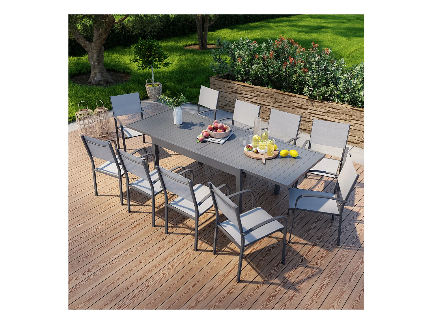 Table de jardin extensible en aluminium 270cm + 10 fauteuils empilables textilène anthracite gris - MILO 10