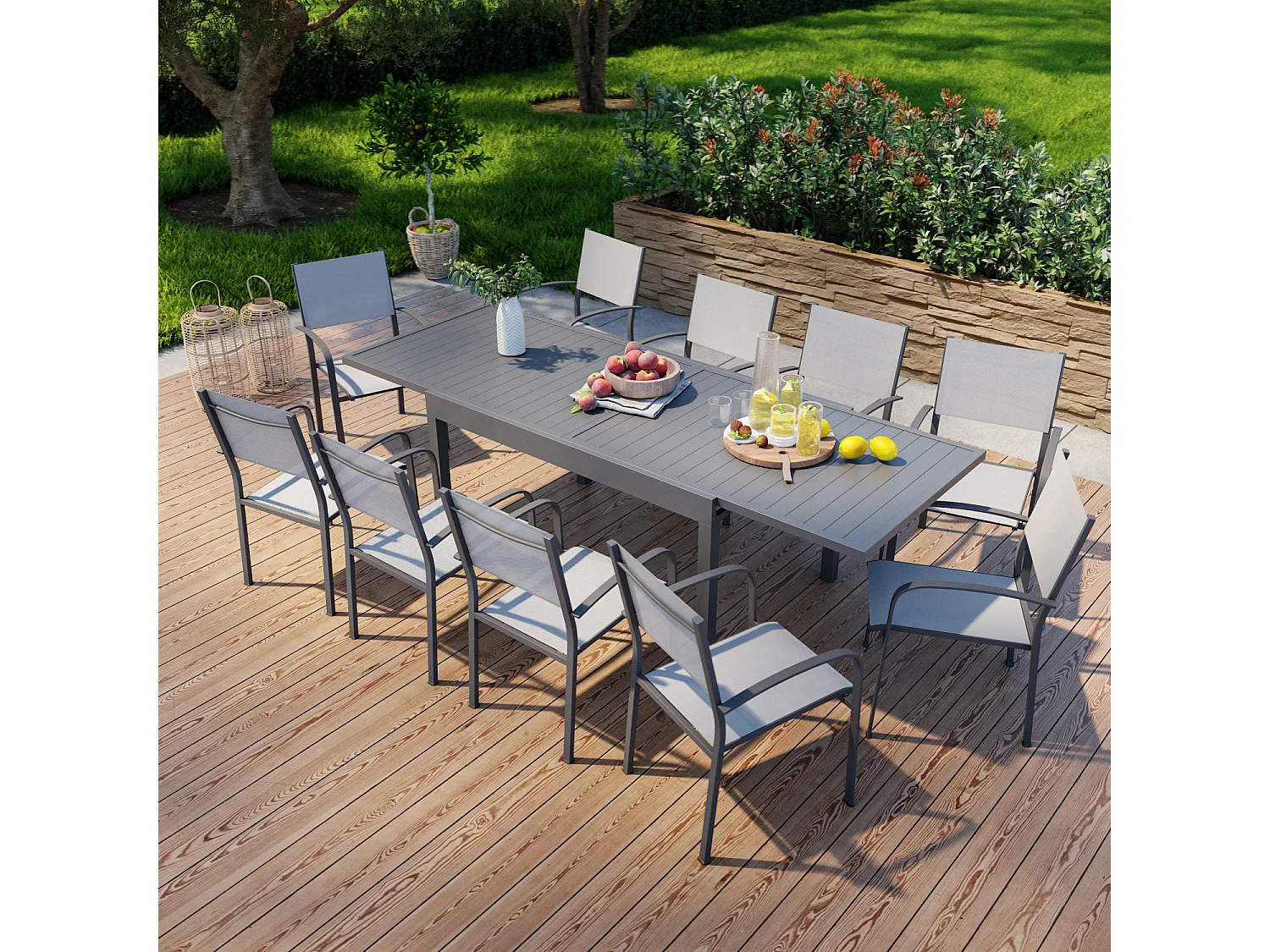 Table de jardin extensible en aluminium 270cm + 10 fauteuils empilables textilène anthracite gris - MILO 10