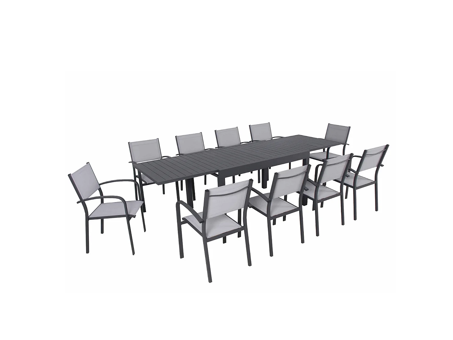 Table de jardin extensible en aluminium 270cm + 10 fauteuils empilables textilène anthracite gris - MILO 10