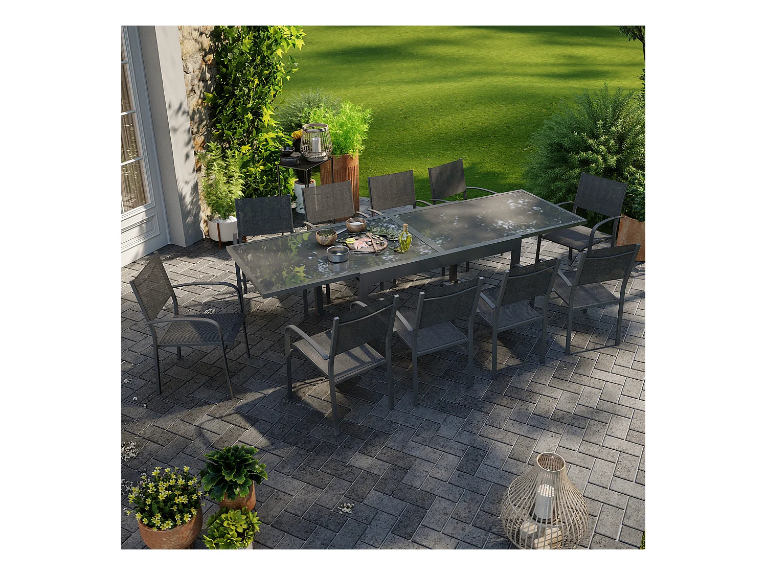 Table de jardin extensible aluminium 270cm + 10 fauteuils empilables textilène anthracite - LIO 10