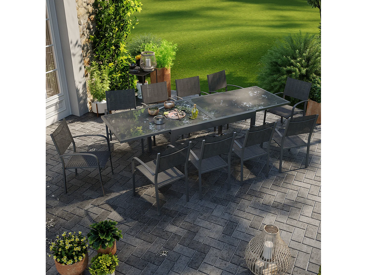 Table de jardin extensible aluminium 270cm + 10 fauteuils empilables textilène anthracite - LIO 10