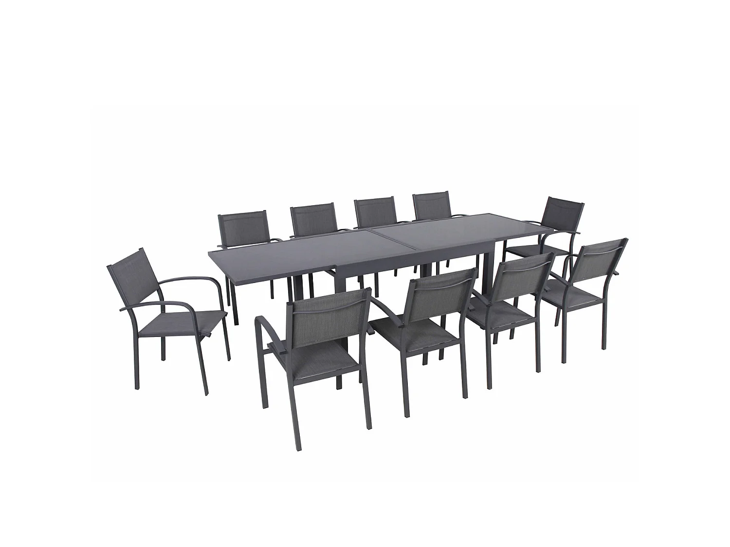 Table de jardin extensible aluminium 270cm + 10 fauteuils empilables textilène anthracite - LIO 10