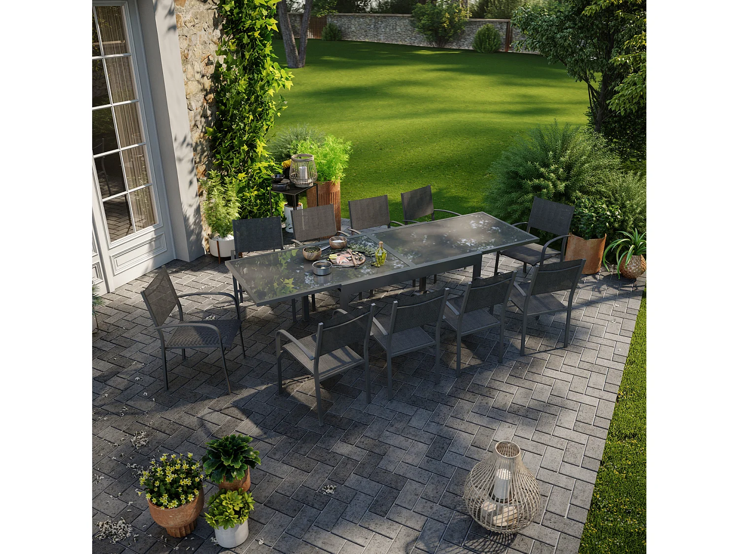 Table de jardin extensible aluminium 270cm + 10 fauteuils empilables textilène anthracite - LIO 10