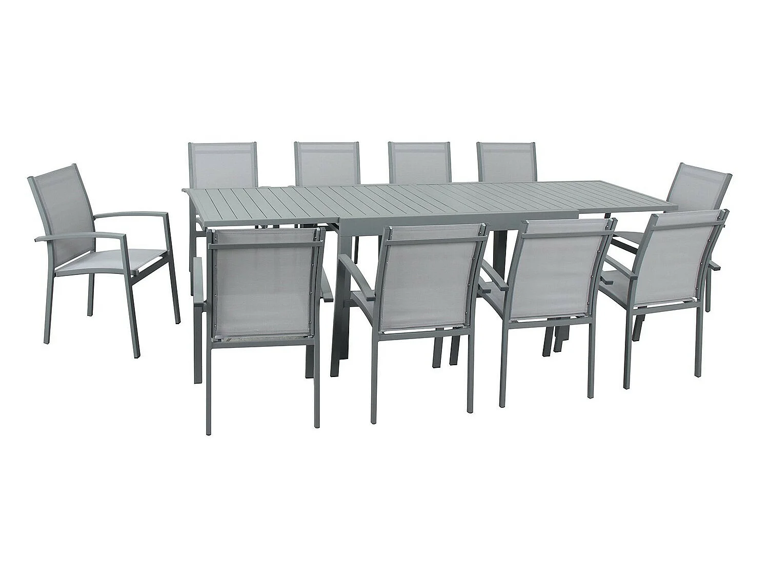 Table de jardin extensible aluminium 135/270cm + 10 fauteuils empilables textilène gris - ANDRA 10