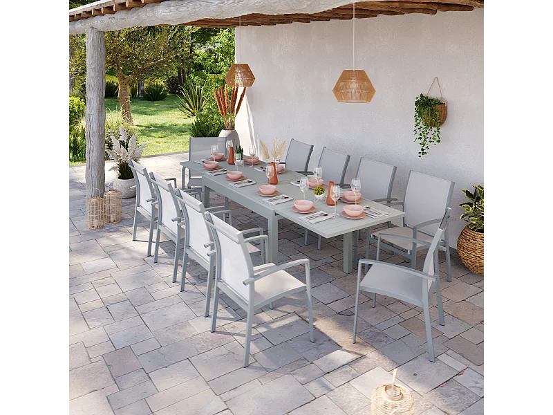 Table de jardin extensible aluminium 135/270cm + 10 fauteuils empilables textilène gris - ANDRA 10