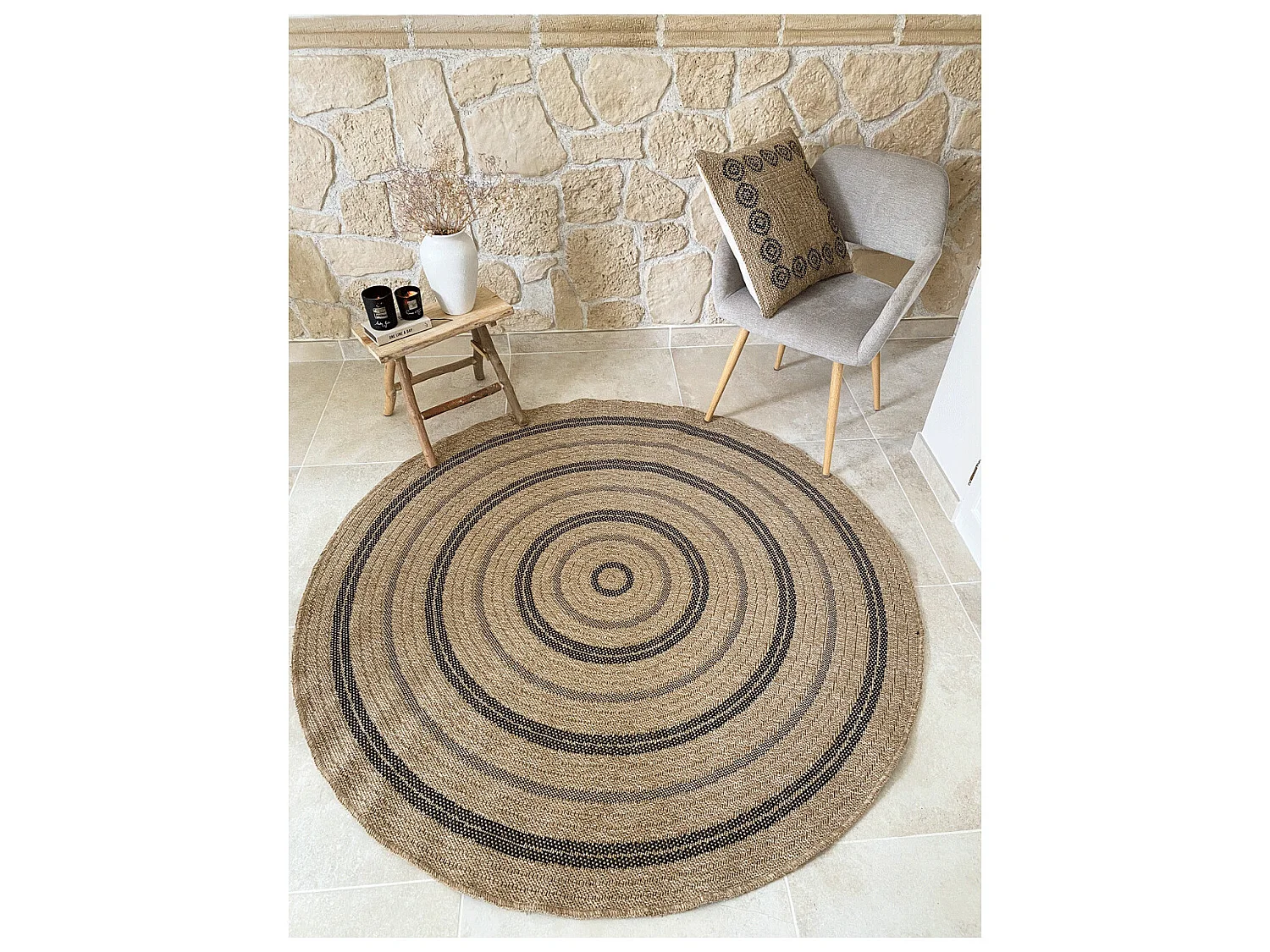 Tapis extérieur rond - 120cm - naturel - 100% polypropylène résistant aux UV - 1400 gr/m² - NOUR