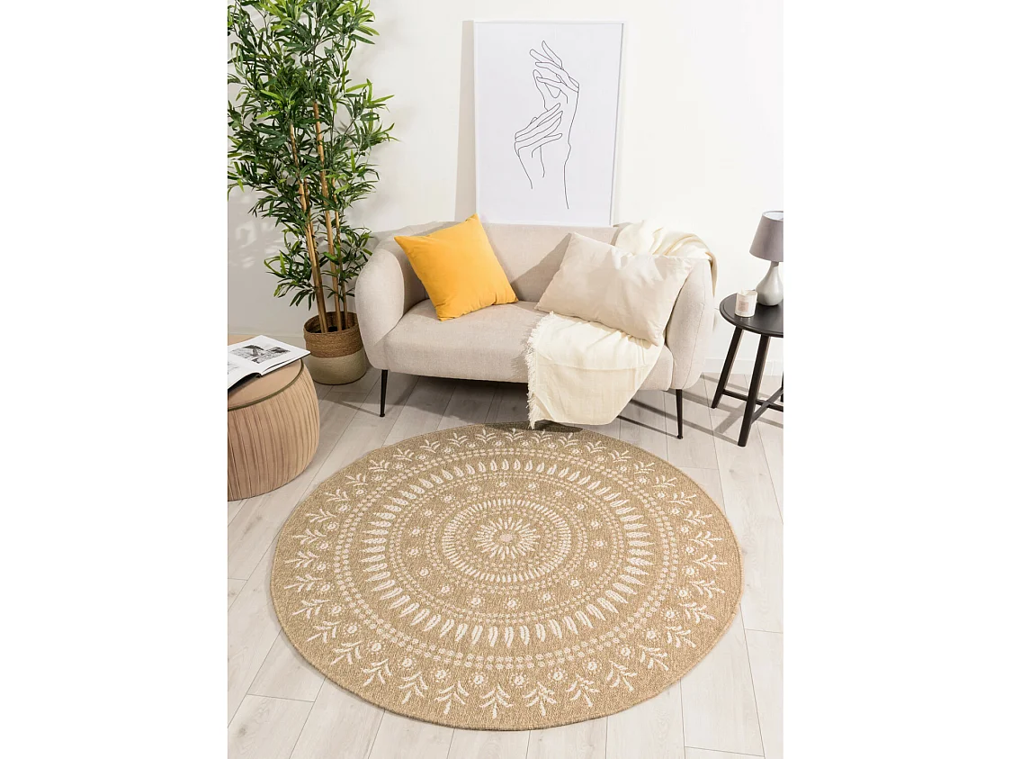 Tapis extérieur rond - 160cm - naturel - 100% polypropylène résistant aux UV - 1400 gr/m² - PAVOT