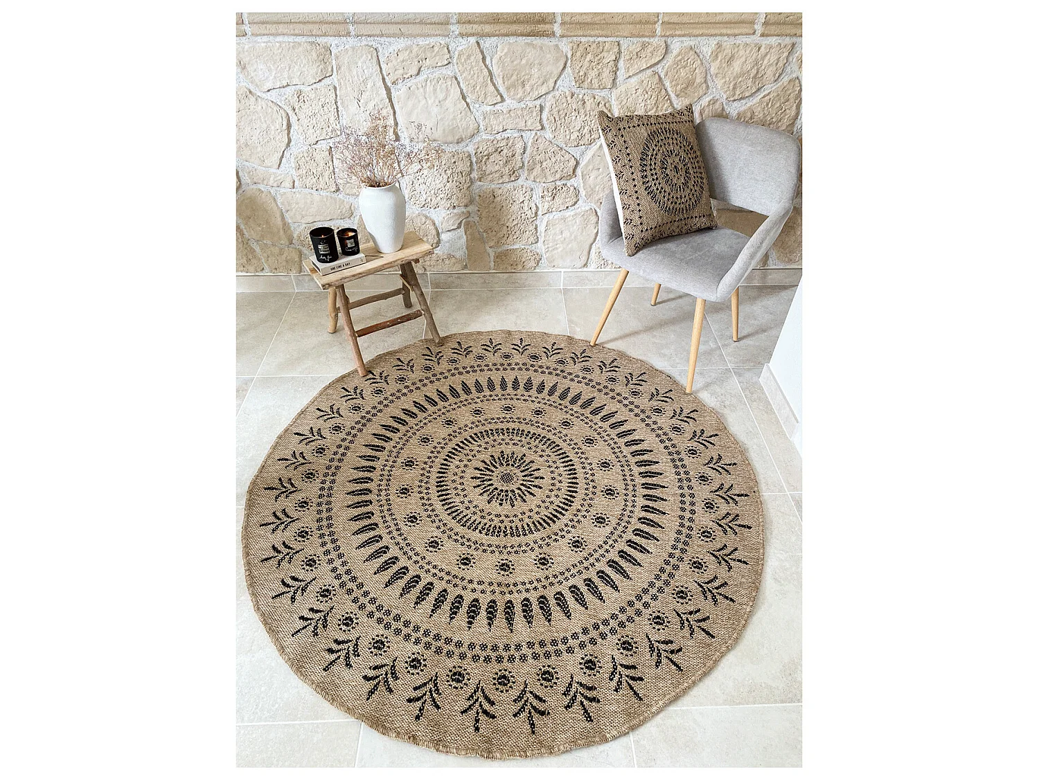 Tapis extérieur rond - 80cm - naturel - 100% polypropylène résistant aux UV - 1400 gr/m² - IZAR