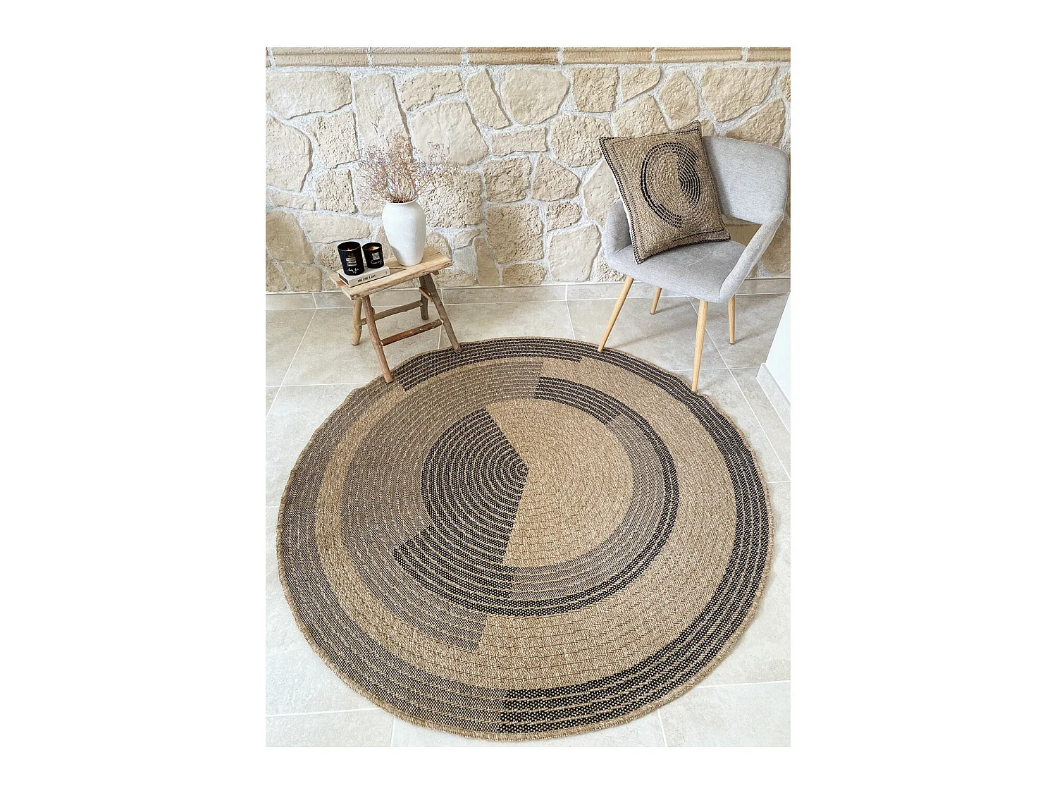 Tapis extérieur rond - 160cm - naturel - 100% polypropylène résistant aux UV - 1400 gr/m² - CORA