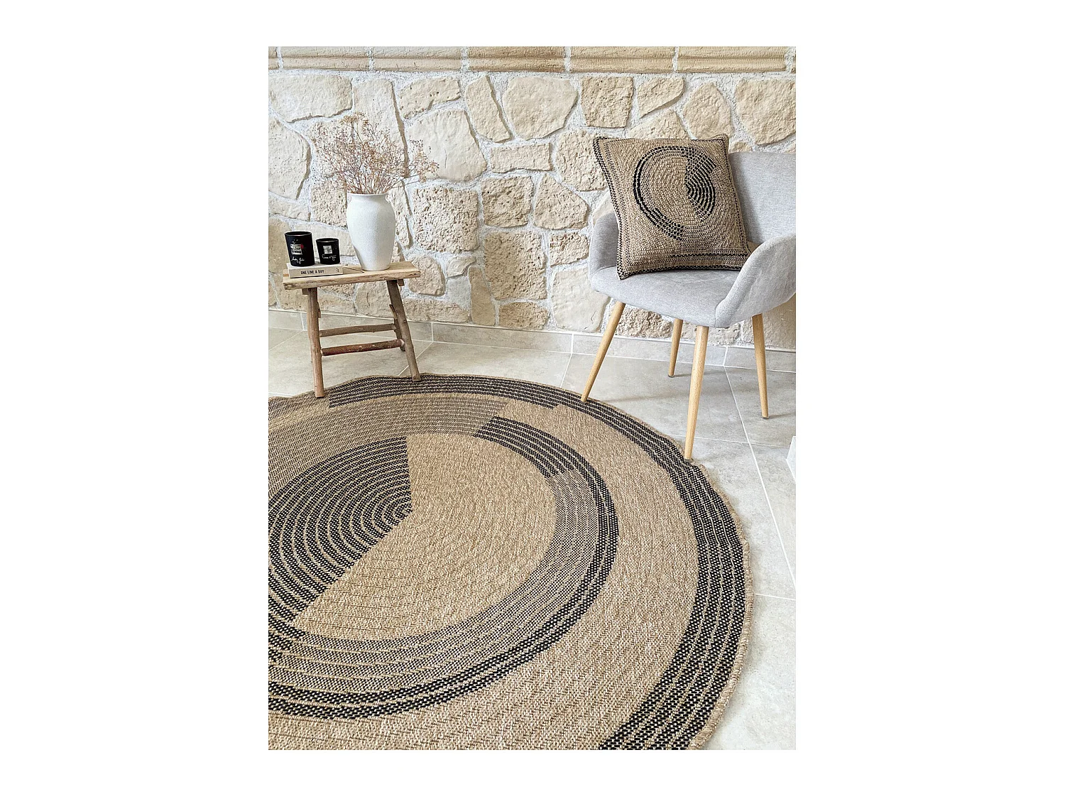 Tapis extérieur rond - 160cm - naturel - 100% polypropylène résistant aux UV - 1400 gr/m² - CORA