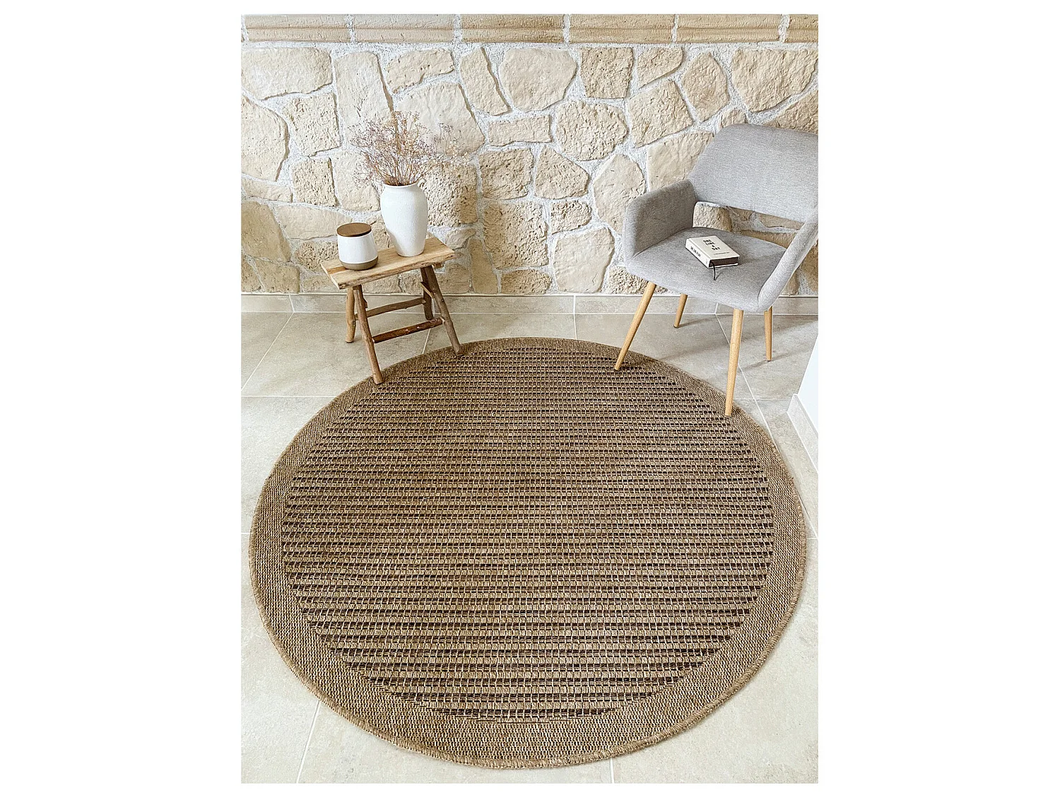 Tapis extérieur rond - 160cm - naturel - 100% polypropylène résistant aux UV - 1400 gr/m² - KAFÉ