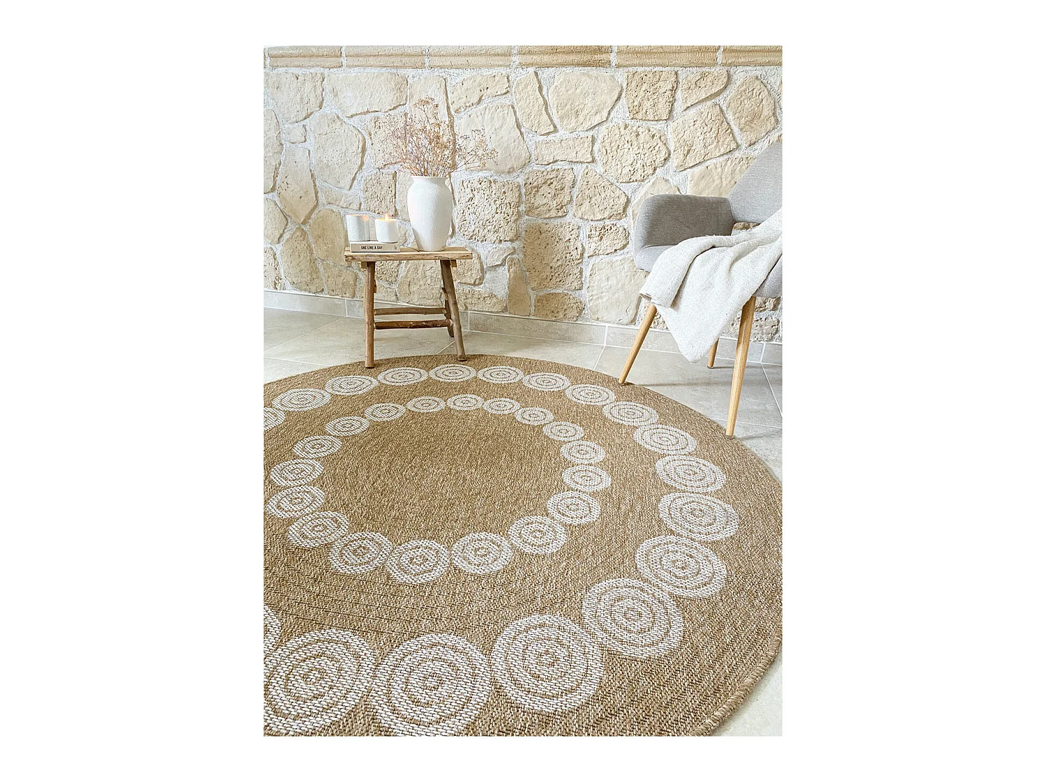 Tapis extérieur rond - 160cm - naturel - 100% polypropylène résistant aux UV - 1400 gr/m² - LIAK