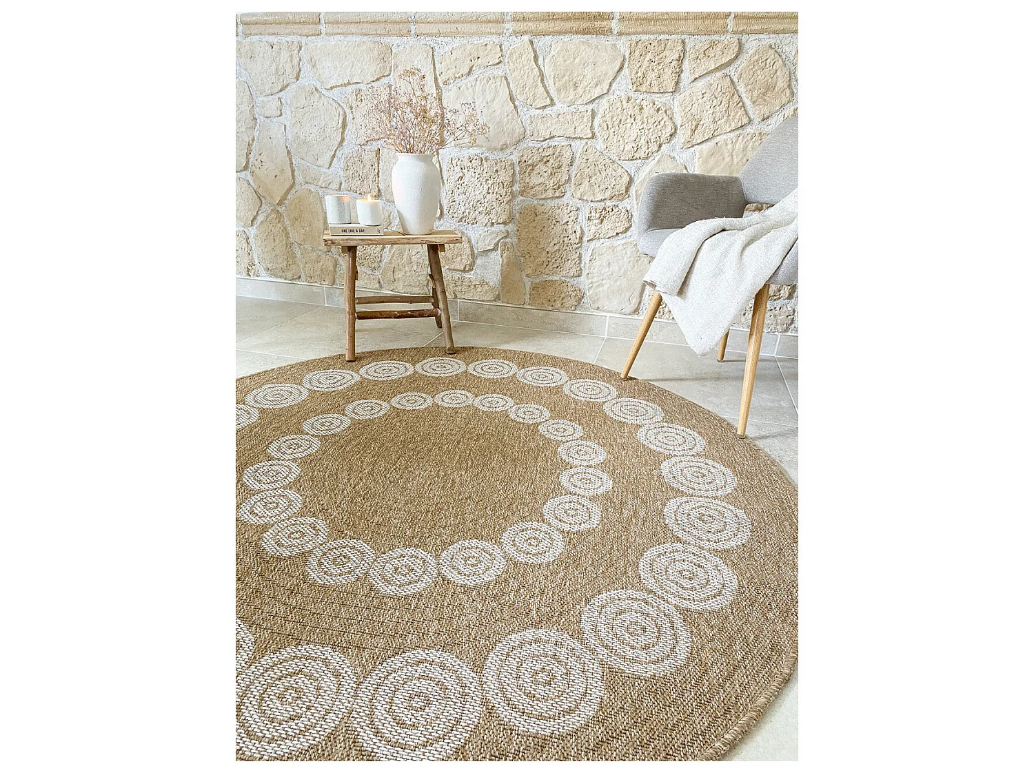 Tapis extérieur rond - 80cm - naturel - 100% polypropylène résistant aux UV - 1400 gr/m² - LIAK