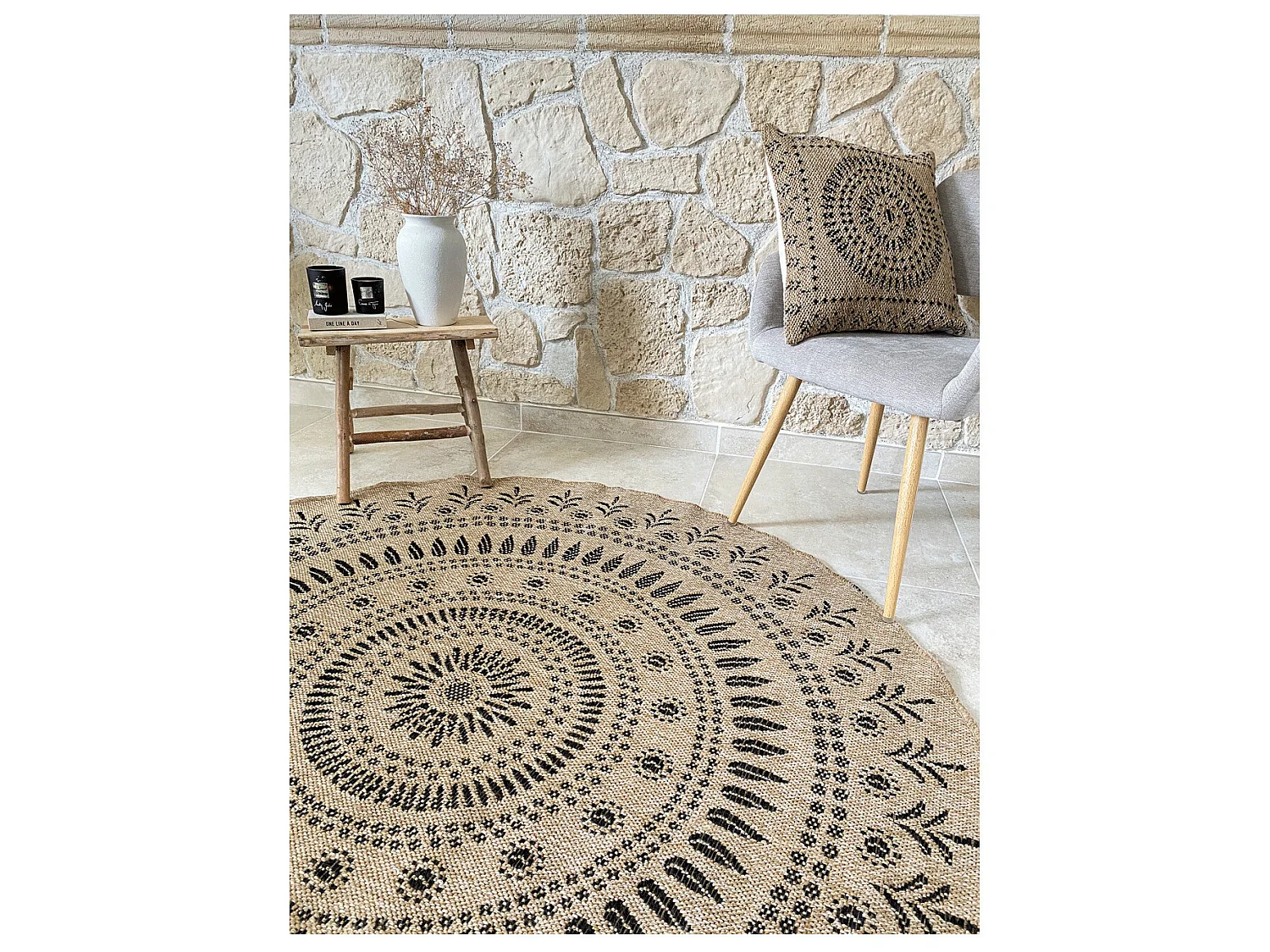 Tapis extérieur rond - 160cm - naturel - 100% polypropylène résistant aux UV - 1400 gr/m² - IZAR