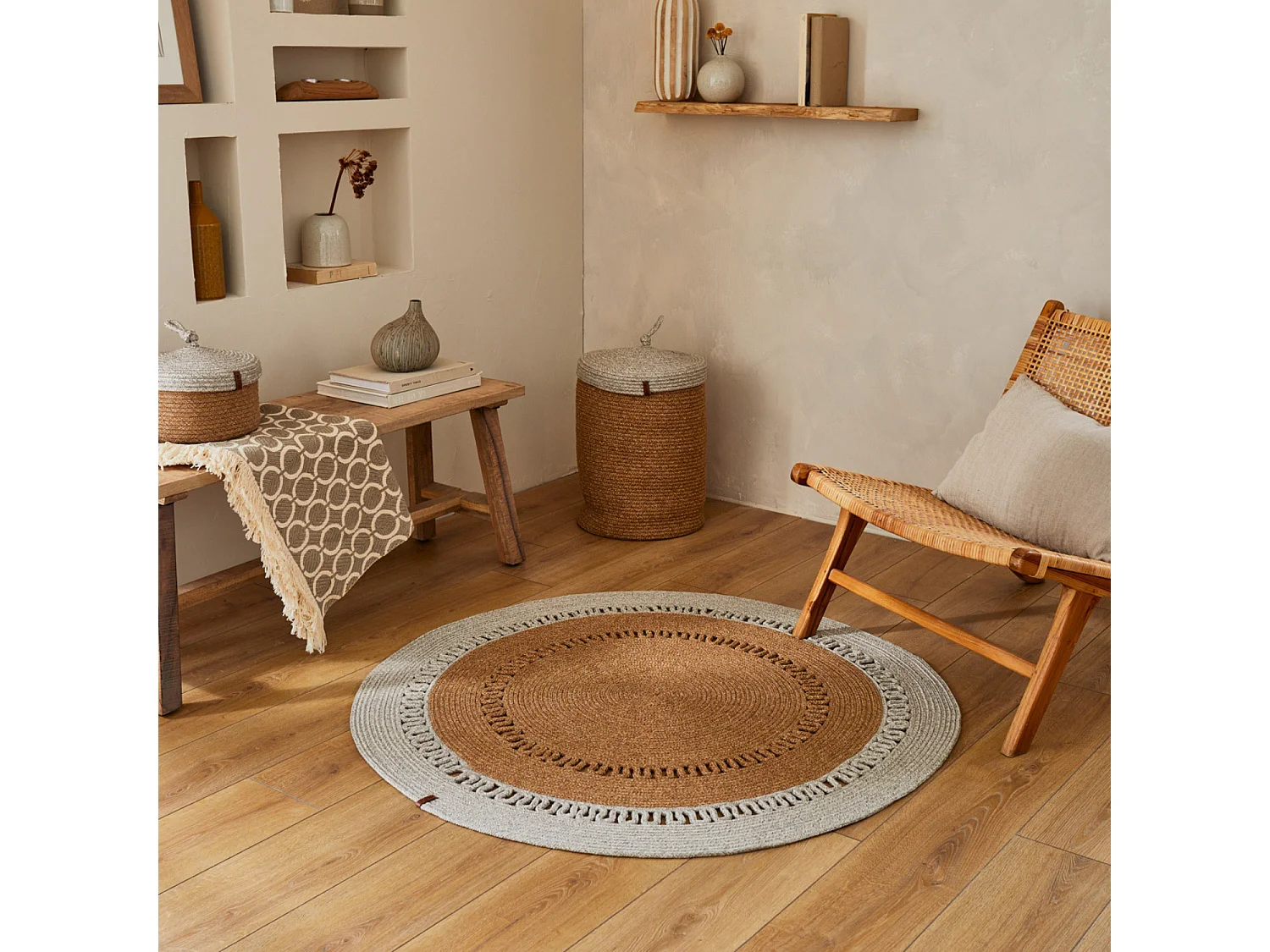 Tapis extérieur rond - 120cm - naturel - 100% polypropylène résistant aux UV - Tissé à la main - CÔME