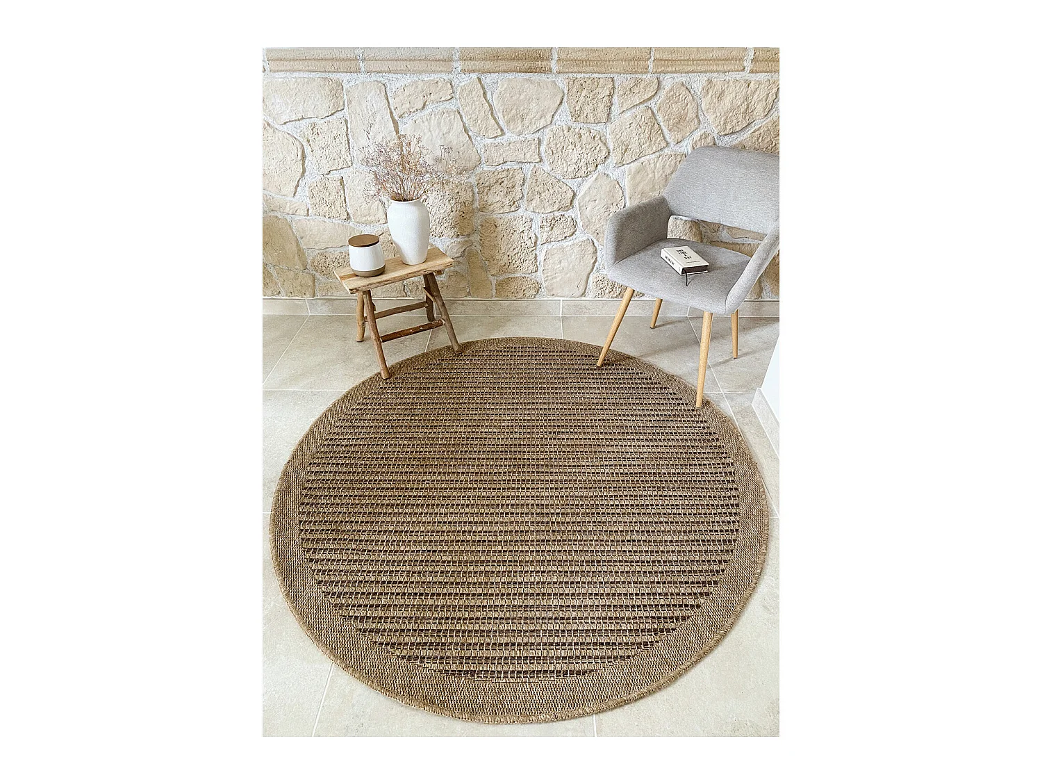 Tapis extérieur rond - 120cm - naturel - 100% polypropylène résistant aux UV - 1400 gr/m² - KAFÉ