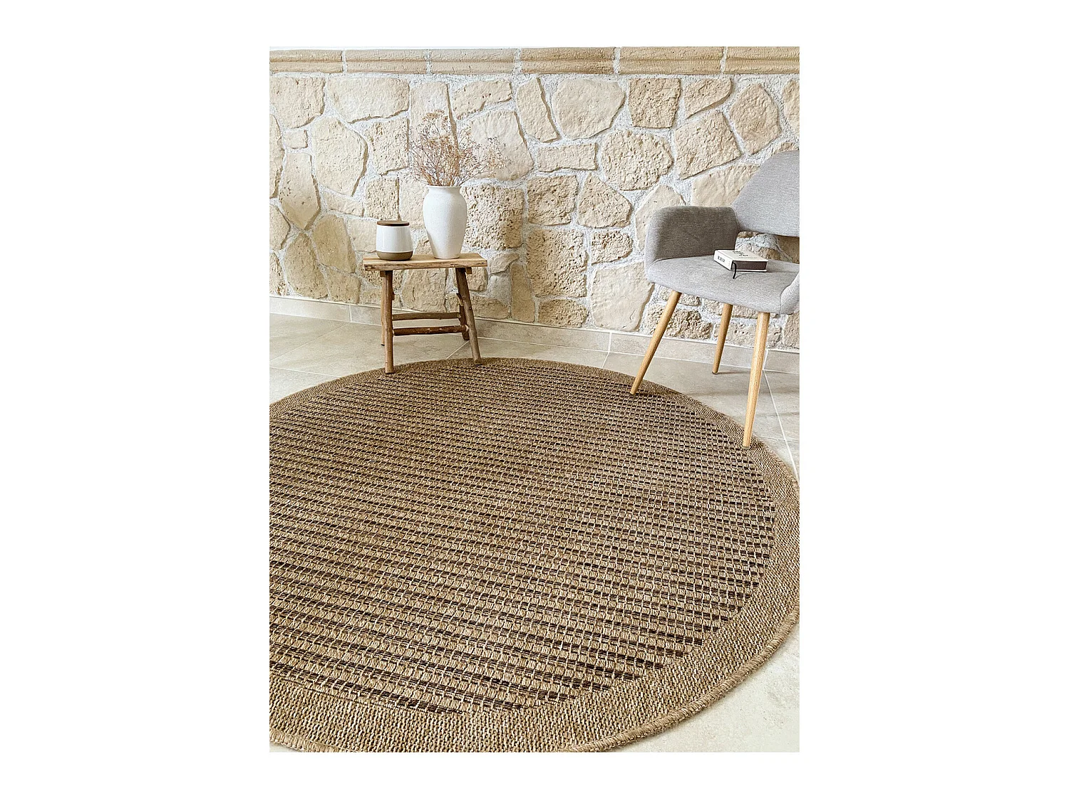 Tapis extérieur rond - 120cm - naturel - 100% polypropylène résistant aux UV - 1400 gr/m² - KAFÉ