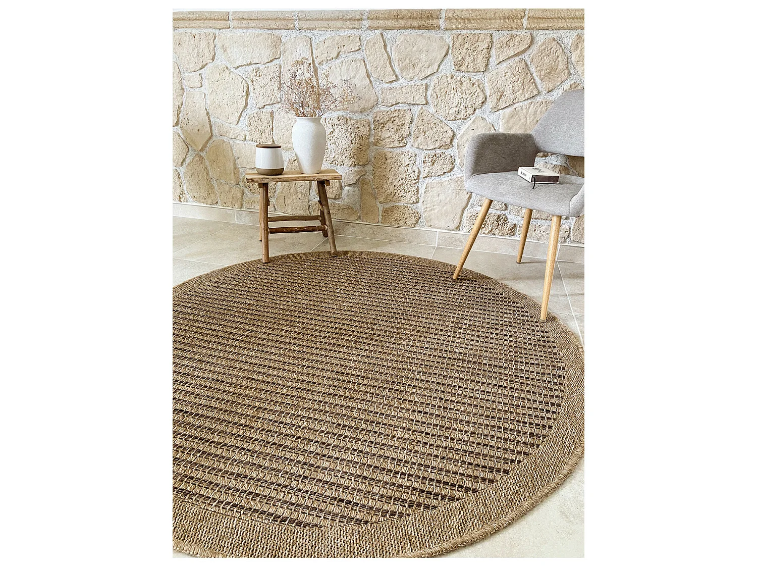 Tapis extérieur rond - 120cm - naturel - 100% polypropylène résistant aux UV - 1400 gr/m² - KAFÉ